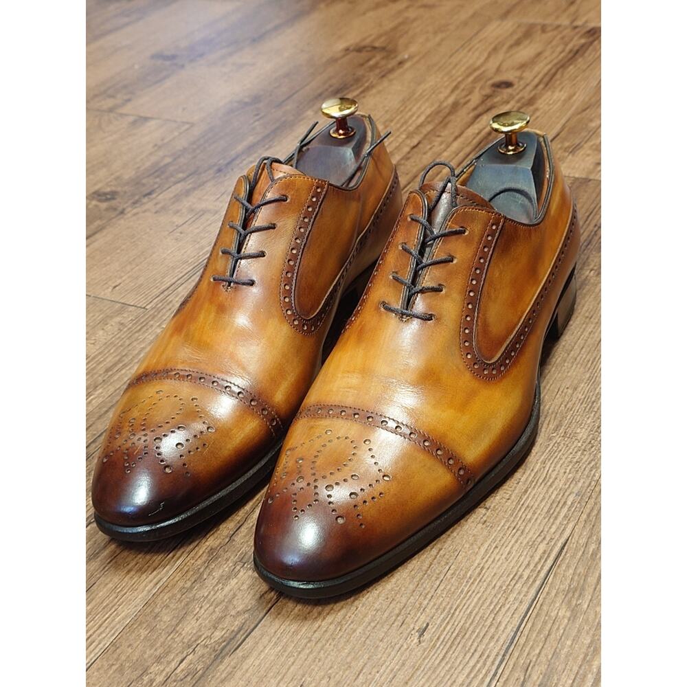 Carlos Santos Men’s Captoe 10D Golden Tan Brown Burnished Leather Dress Shoes